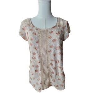 Lauren Conrad Floral Lace Pintuck Short Sleeve Blouse Medium Cream Peach Red